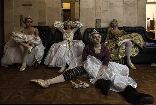 Ballet dancers taking a pause backstage during the performance of Tchaikovsky s The Nutcracker in St. Petersburg