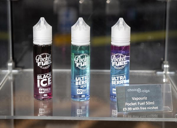 Vapouriz Pocket Fuel 50ml e-cig nicotine canister brands in shop window display