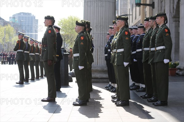 Military cadets on guard at the General Post Office before a parade takes place in Dublin to commemorate the 1916 Uprising. Dublin