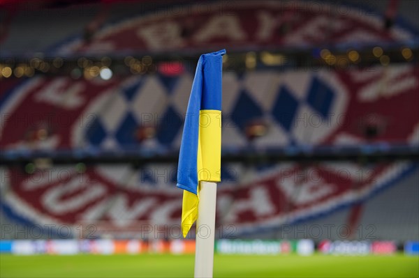 Corner flag in the Ukrainian national colours as a symbol against the Russia vs. Ukraine war