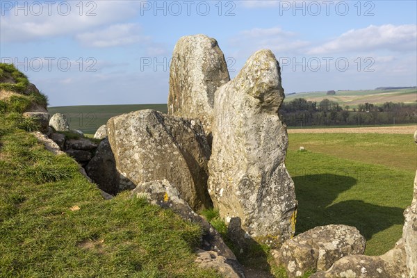 Large standing stones at the entrance to Neolithic long barrow at West Kennet