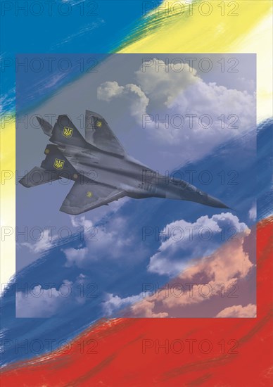 Illustration of a Mig 29 Fulcrum over the skies of Ukraine and Russia