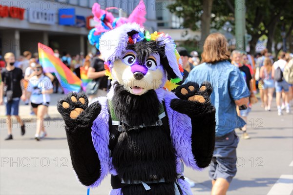 Colourful bear at Christopher Street Parade 2021 posing for the camera