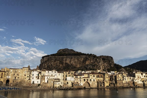 View of the town of Cefalu with Rocca di Cefalu