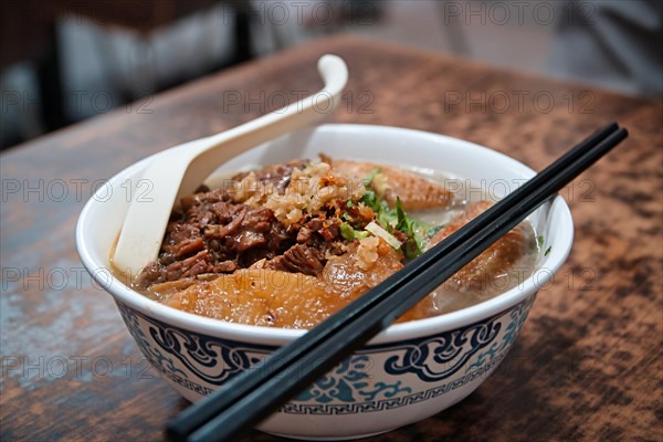 A bowl of beef noodle soup in a Cantonese restaurant in Macau