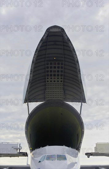 Upward swinging wing door for the loading ramp of the Airbus Beluga