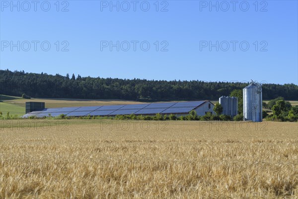 Modern animal barn with solar panels in field landscape