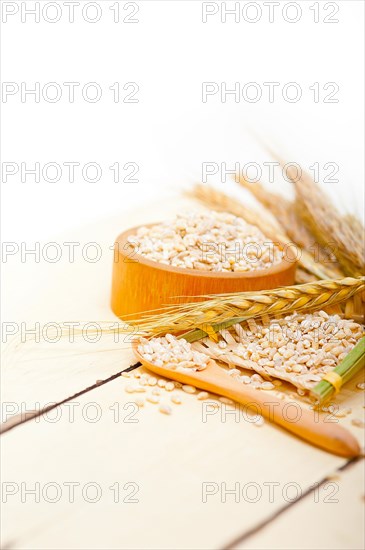 Organic barley grains over rustic wood table macro closeup