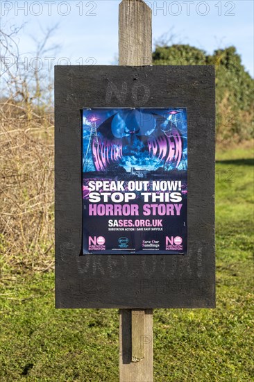 Protest campaign banner against Scottish Power and National Grid proposed electricity substation at Friston