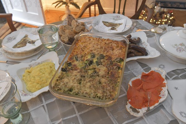 Set table with food