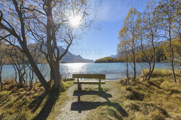Lake Silsersee with bench and sun in autumn
