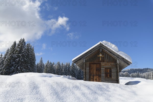 Winter landscape with wooden cabin