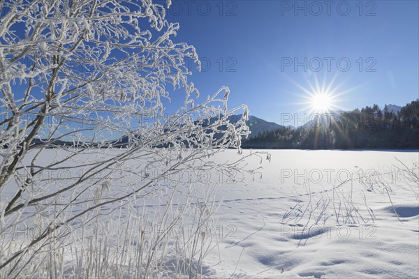 Frozen lake Barmsee with Karwendel mountainrange on morning with sun in winter