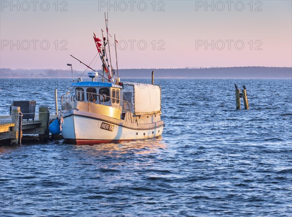 Fishing boat in the harbour at the Salzhaff in the evening light