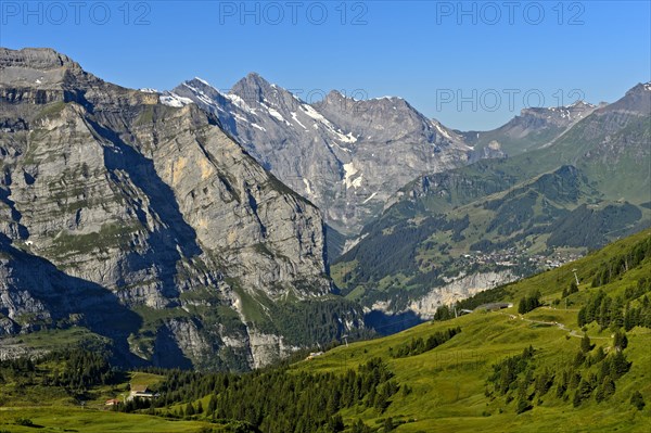 View from Kleine Scheidegg into the Lauterbrunnen Valley with the mountain village of Mürren