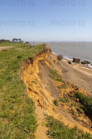 Soft cliffs rapid coastal erosion on North Sea coastline 1940s pill box