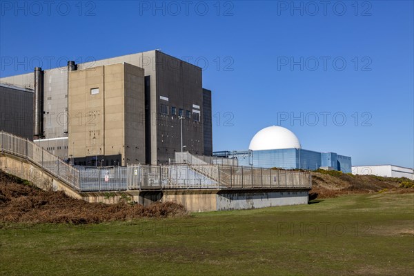 Decommissioned Sizewell A and white dome of PWR Sizewell B nuclear power stations