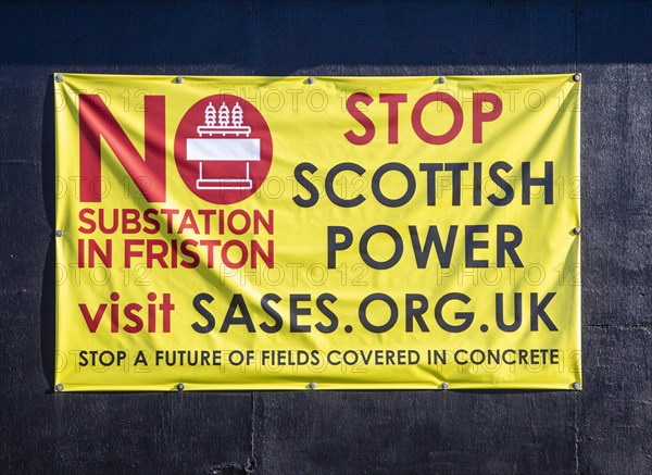 Protest campaign banner against Scottish Power and National Grid proposed electricity substation at Friston