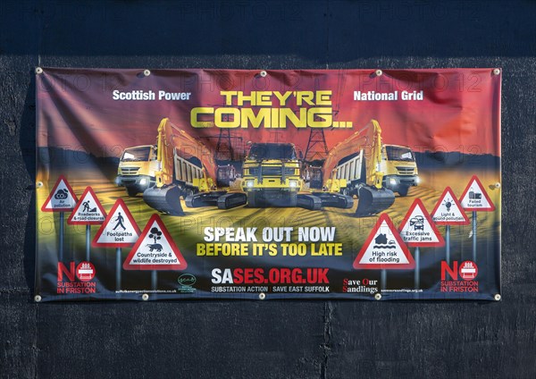 Protest campaign banner against Scottish Power and National Grid proposed electricity substation at Friston