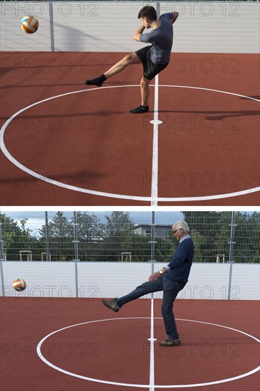 Grandpa and grandson playing football in a football cage