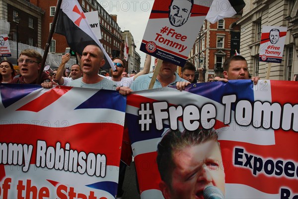 Tommy Robinson demonstrators protesting in Central London near Downing Street