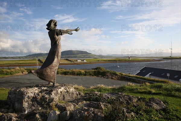 Niall Bruton emigration statue and landscape scene at Rosses Point. Sligo