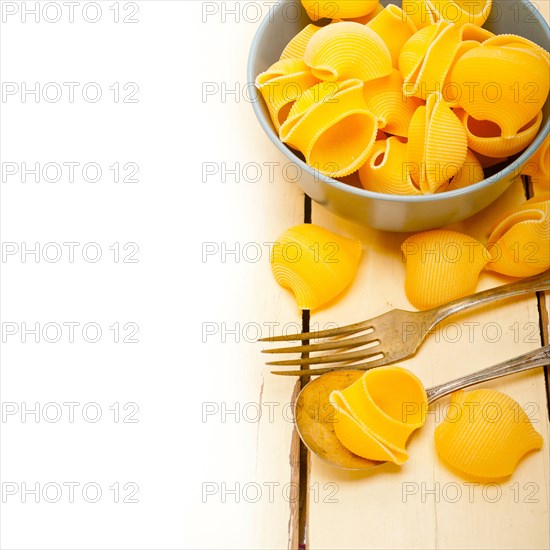 Raw Italian snail lumaconi pasta on a blue bowl over rustic table macro