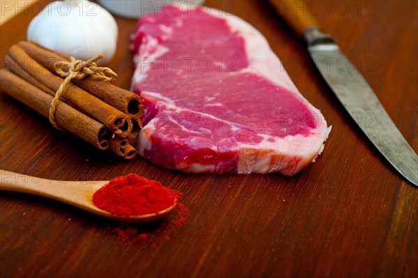 Raw uncooked ribeye beef steak butcher selection