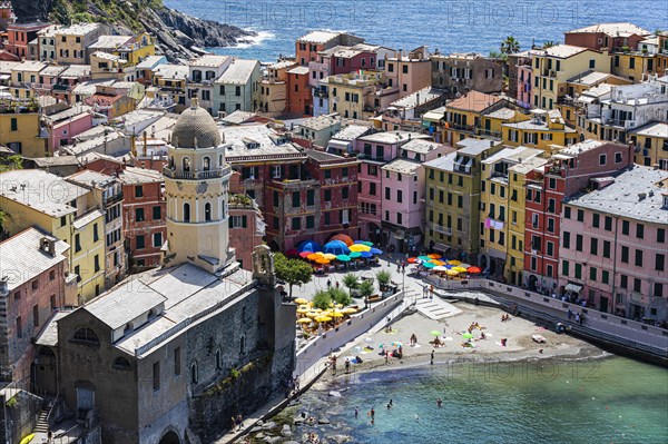 The village of Vernazza with its pastel-coloured houses built into the hillside