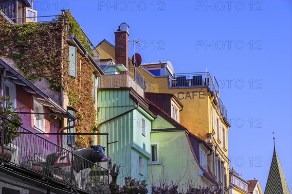 Nested house fronts with cow sculpture