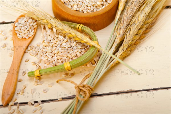 Organic wheat grains over rustic wood table macro closeup