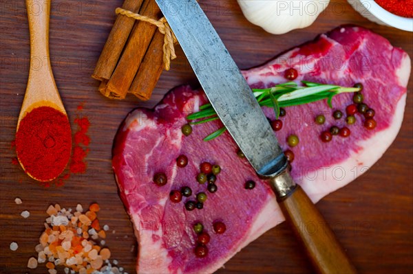 Raw uncooked ribeye beef steak butcher selection