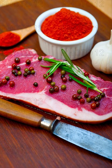 Raw uncooked ribeye beef steak butcher selection