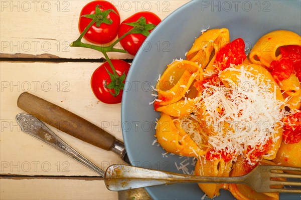 Italian snail lumaconi pasta with ripe cherry tomatoes sauce ingredients