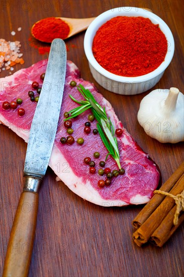 Raw uncooked ribeye beef steak butcher selection