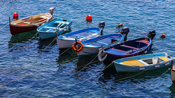 Fishing boats lie in the turquoise water in the harbour of Riomaggiore
