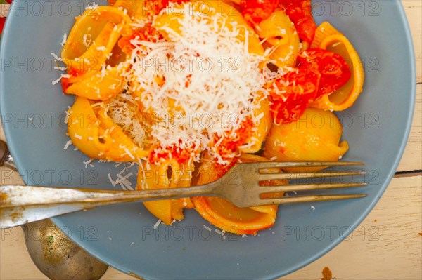 Italian snail lumaconi pasta with ripe cherry tomatoes sauce ingredients