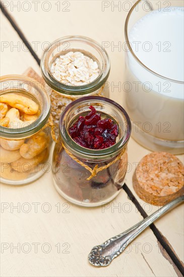 Healthy breakfast ingredients milk oat cashew nuts dried cramberry craisinns