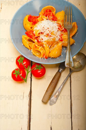 Italian snail lumaconi pasta with ripe cherry tomatoes sauce ingredients