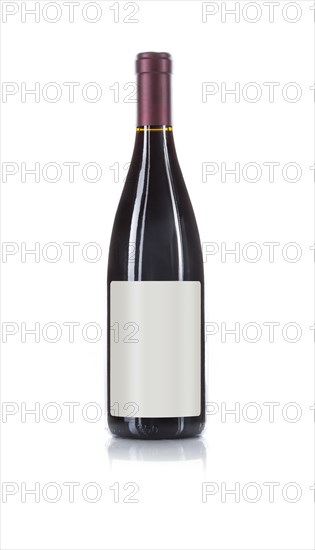 Wine bottle with red wine and blank wine label ready for you own design and text against a white background