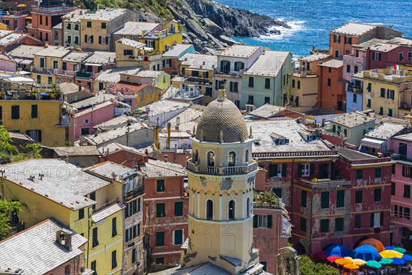 The village of Vernazza with its nested pastel-coloured houses built into the hillside