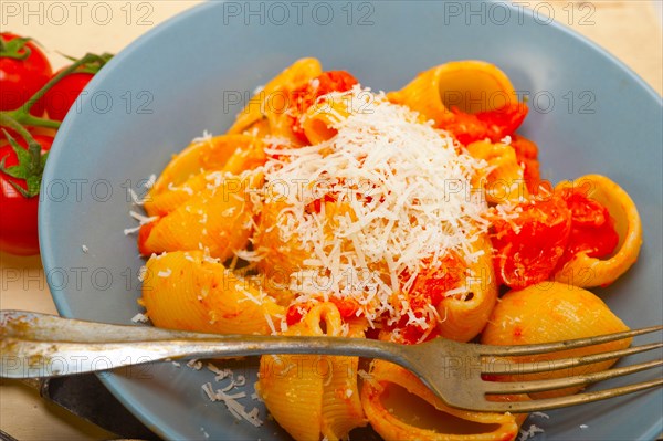 Italian snail lumaconi pasta with ripe cherry tomatoes sauce ingredients