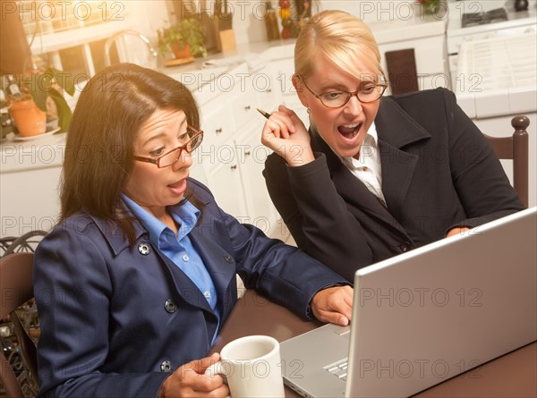 Businesswomen celebrate success on the laptop in the kitchen