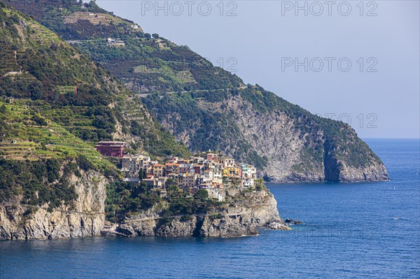 The village of Corniglia with its nested pastel-coloured houses built into the hillside