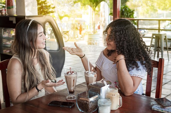 Two cute girls having a conversation in a coffee shop