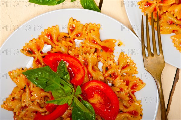 Italian pasta farfalle butterfly bow-tie with tomato basil sauce over white rustic wood table