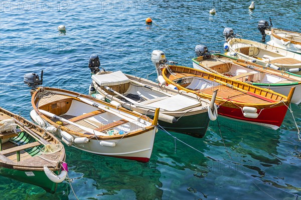 Colourful fishing boats reflected in the water in the harbour of Manarola