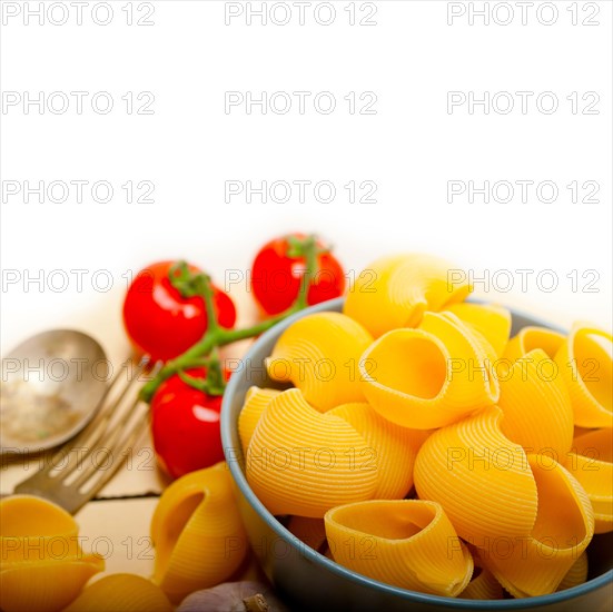 Italian snail lumaconi pasta with ripe cherry tomatoes sauce ingredients