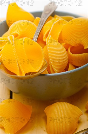 Raw Italian snail lumaconi pasta on a blue bowl over rustic table macro