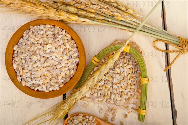 Organic barley grains over rustic wood table macro closeup